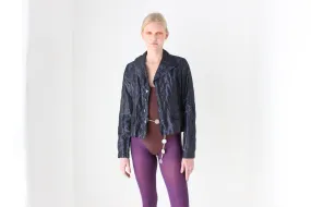 Y2K Designer Carmen Marc Valvo Deep Purple Metallic Crinkle Cropped Jacket