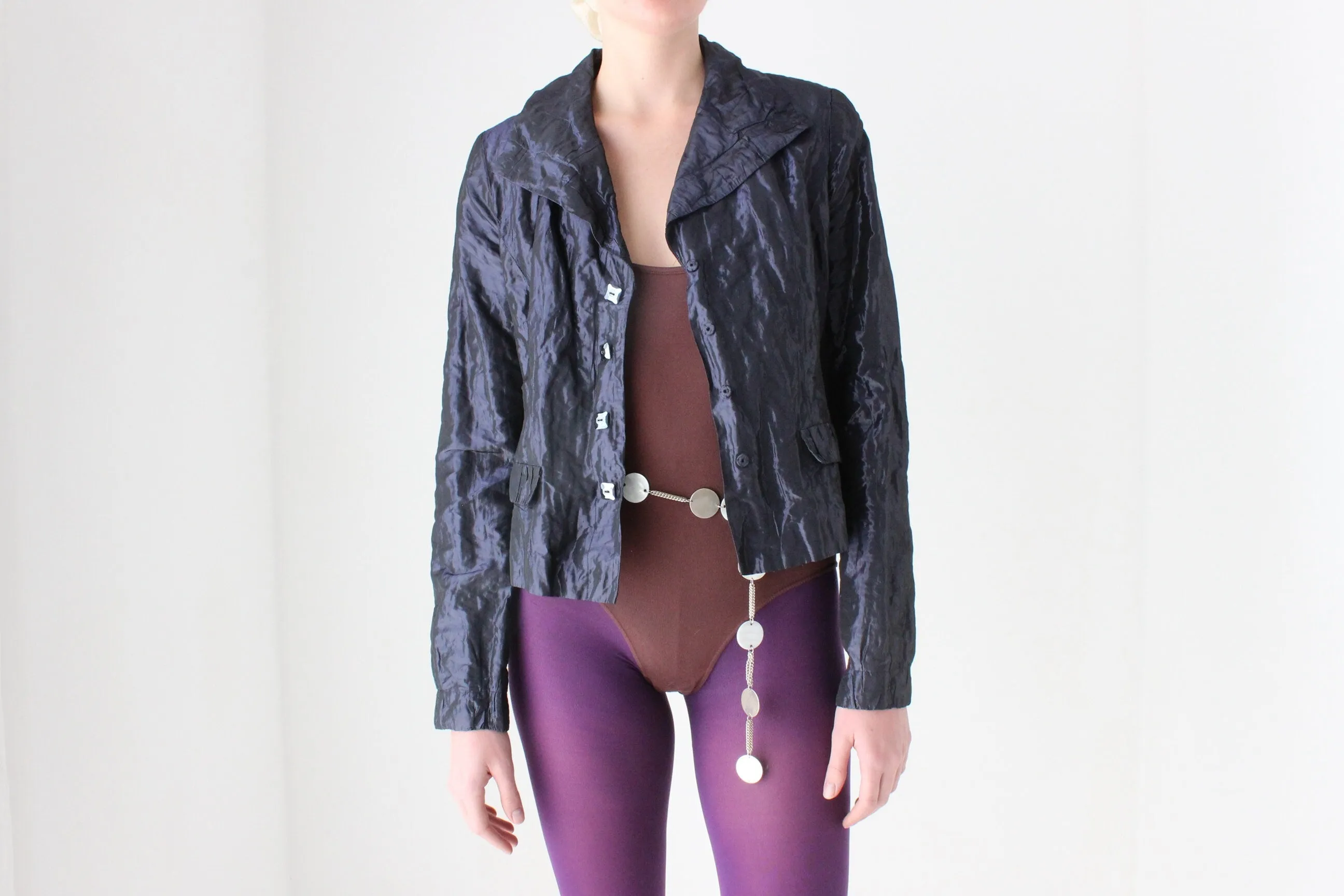 Y2K Designer Carmen Marc Valvo Deep Purple Metallic Crinkle Cropped Jacket