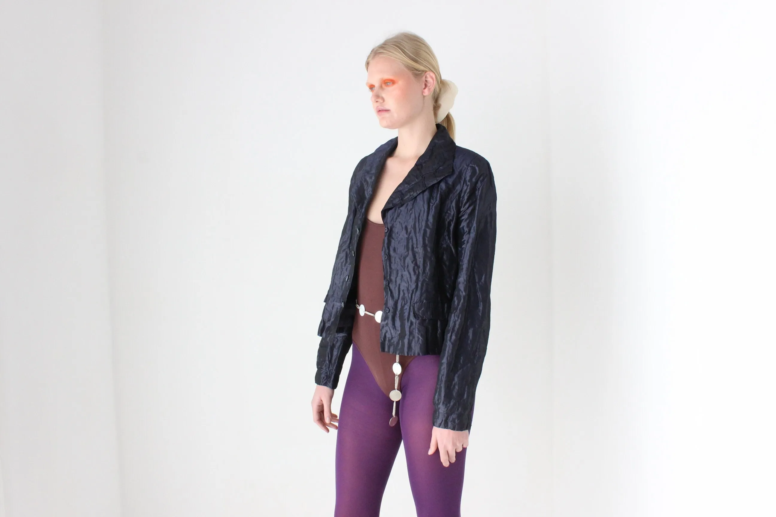 Y2K Designer Carmen Marc Valvo Deep Purple Metallic Crinkle Cropped Jacket