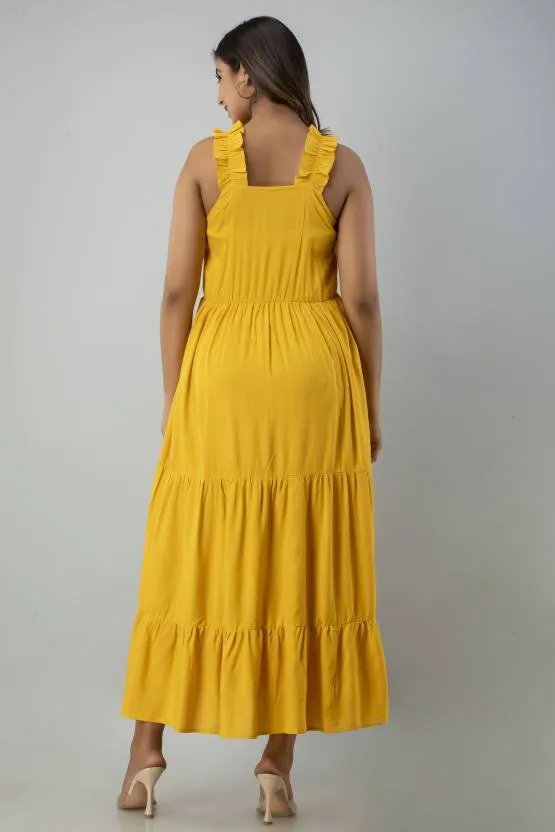 Yellow Solid Maxi Dress with Square Neck