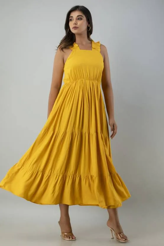 Yellow Solid Maxi Dress with Square Neck