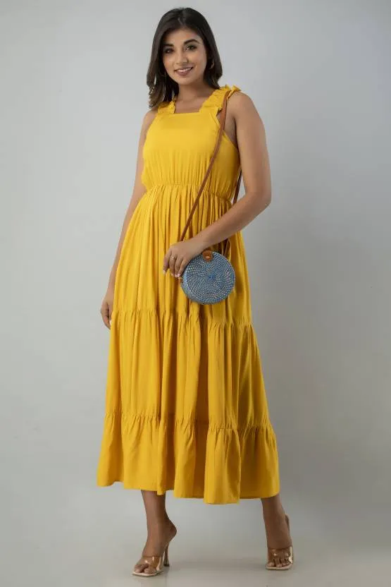 Yellow Solid Maxi Dress with Square Neck