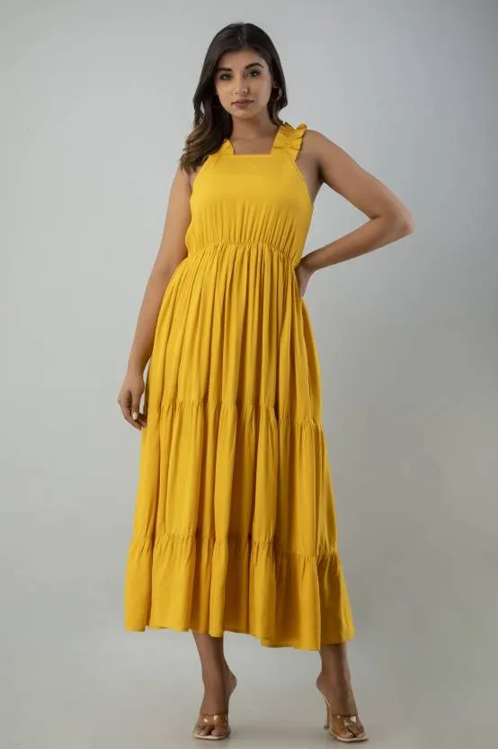 Yellow Solid Maxi Dress with Square Neck