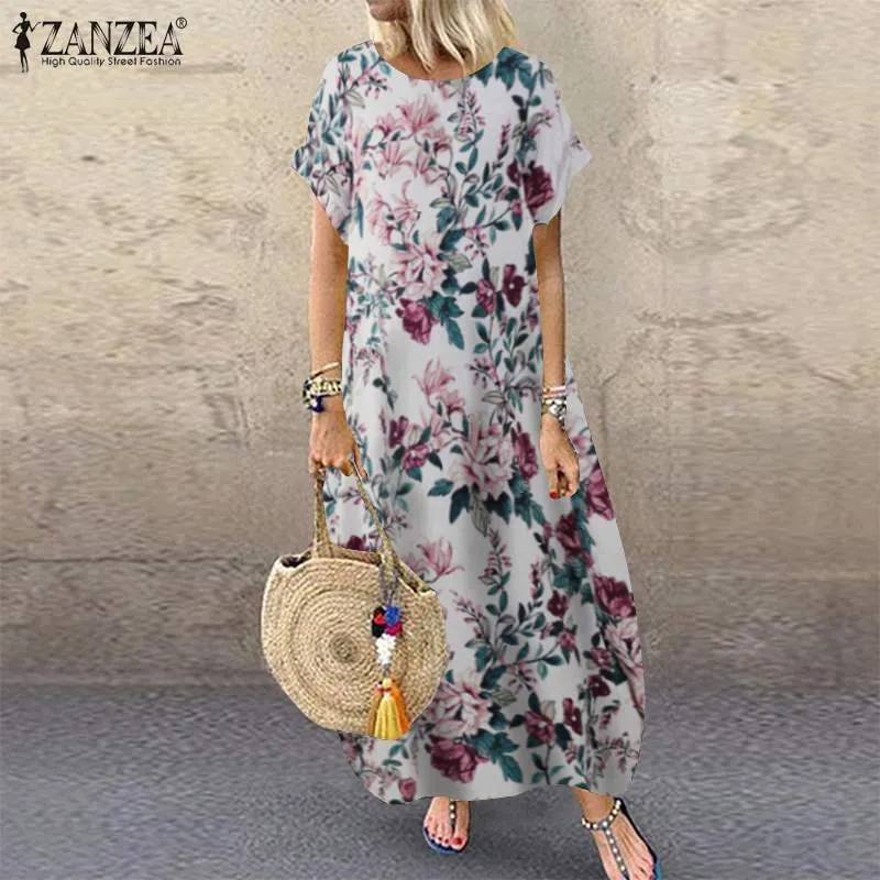 ZANZEA Sommer Strandkleid Damen bedrucktes Sommerkleid Lässig Kurzarm Maxi Vestidos  Blumenrobe