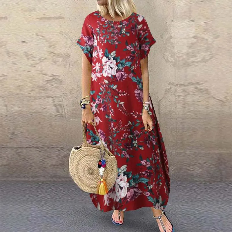 ZANZEA Sommer Strandkleid Damen bedrucktes Sommerkleid Lässig Kurzarm Maxi Vestidos  Blumenrobe