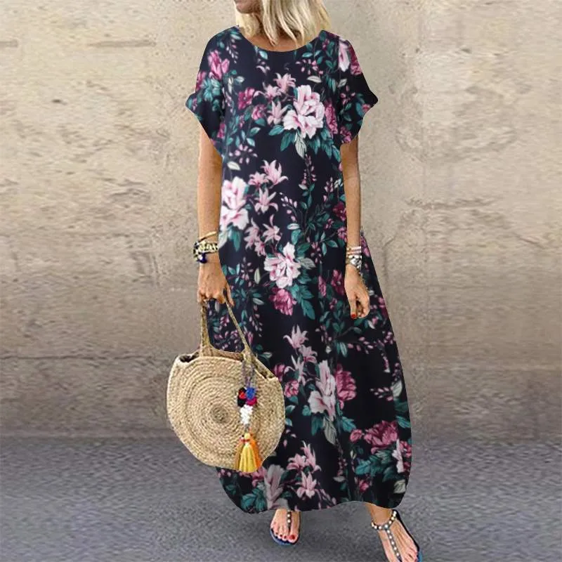 ZANZEA Sommer Strandkleid Damen bedrucktes Sommerkleid Lässig Kurzarm Maxi Vestidos  Blumenrobe