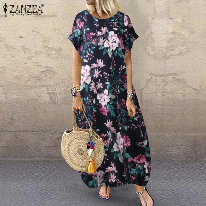 ZANZEA Sommer Strandkleid Damen bedrucktes Sommerkleid Lässig Kurzarm Maxi Vestidos  Blumenrobe