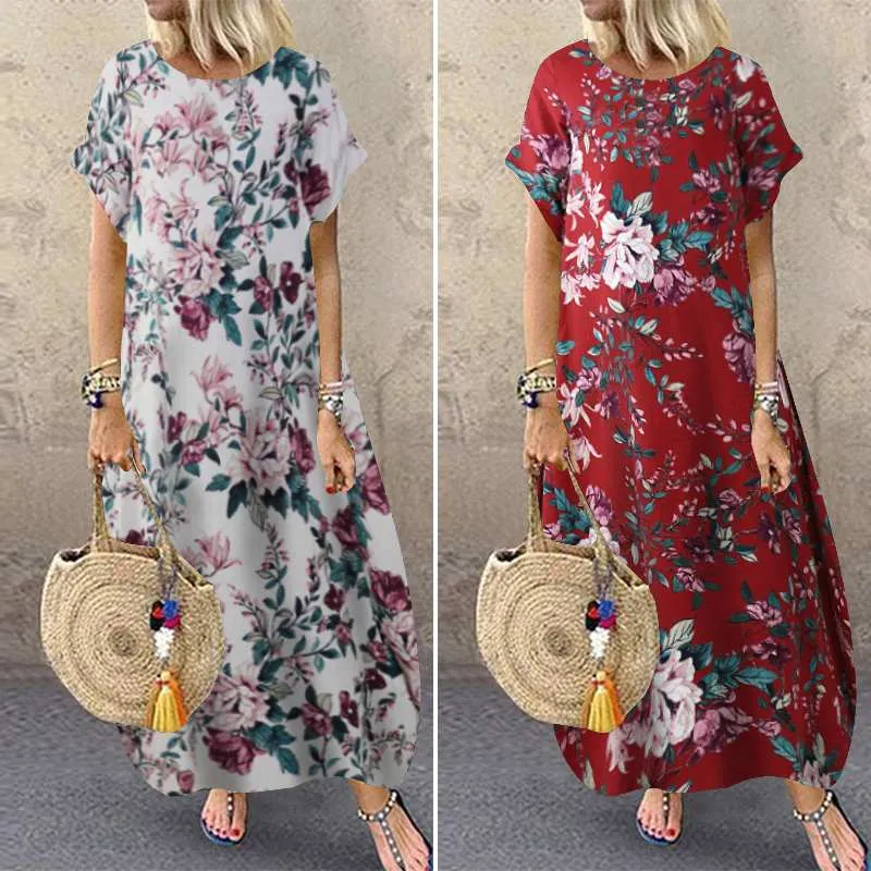 ZANZEA Sommer Strandkleid Damen bedrucktes Sommerkleid Lässig Kurzarm Maxi Vestidos  Blumenrobe