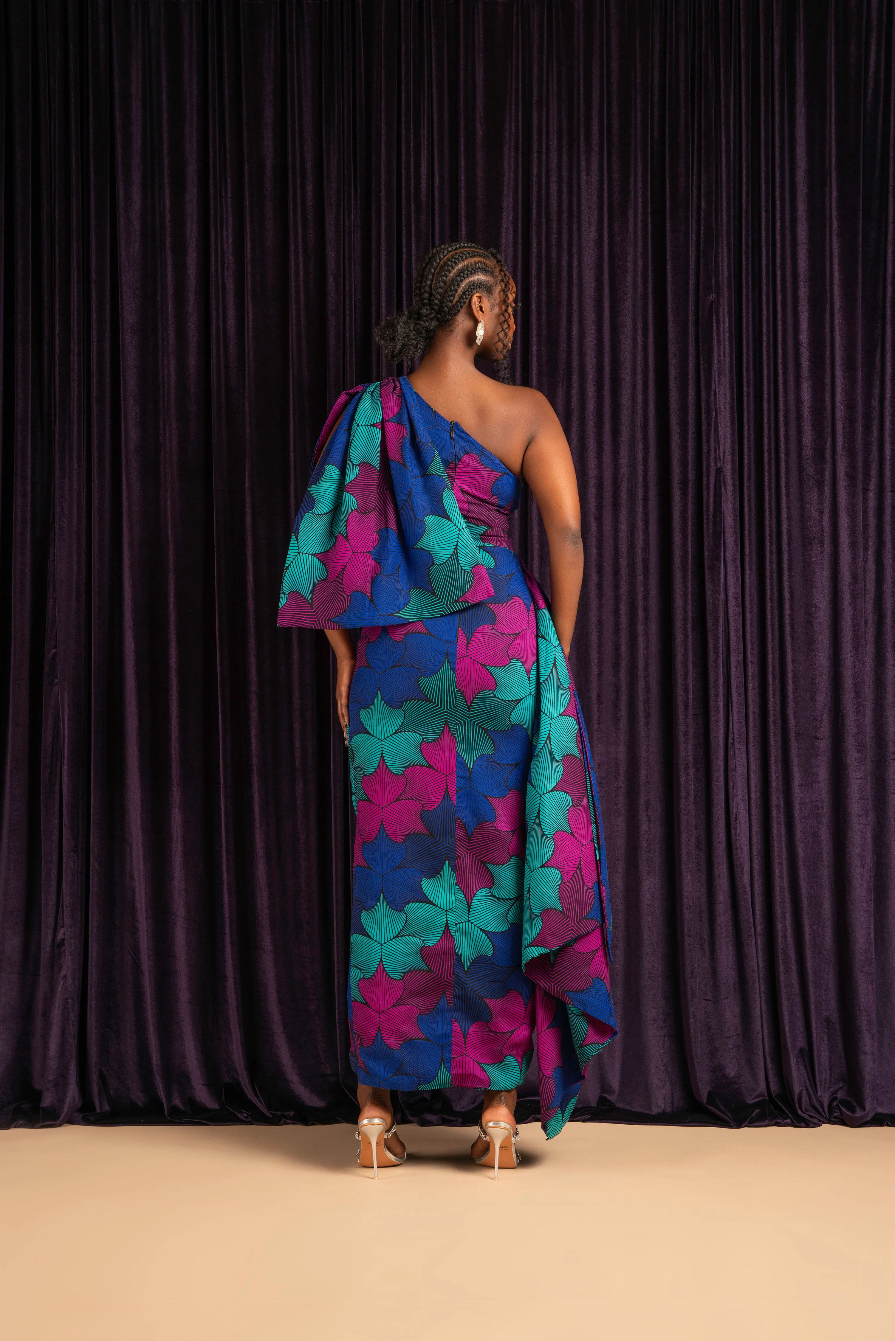 ZURI African Print One Sleeve Drape Maxi Dress